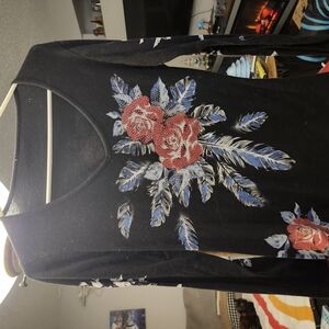 Black Long Sleeve Top with Red Rose Design